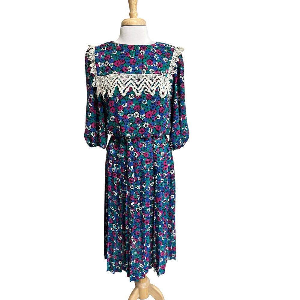 JAMIE Pleated Midi Dress Ditzy Floral 90's Prairie Collar Cottagecore Women's 10